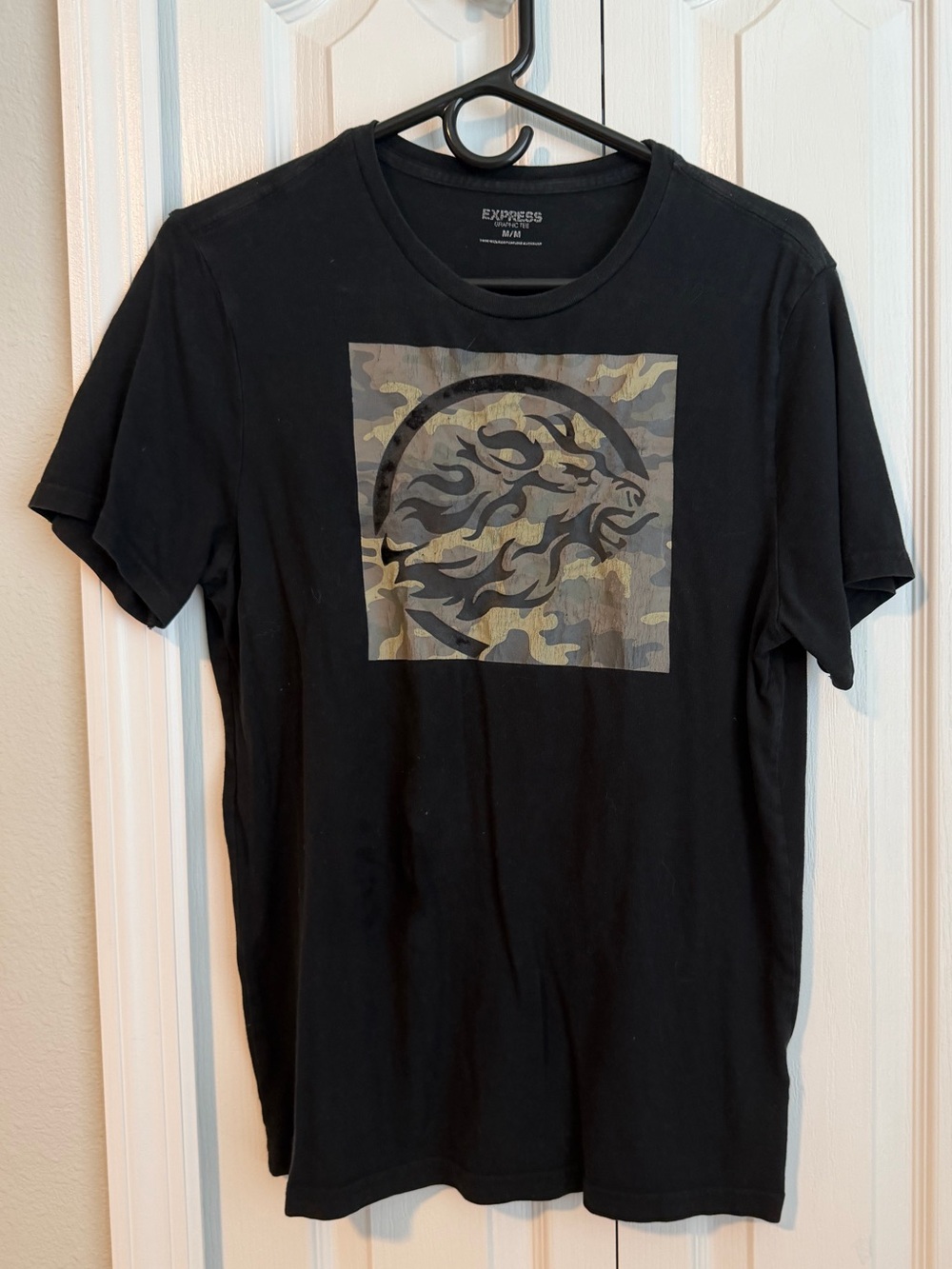 Express Black Short-Sleeve Tee with Camo Lion Graphic